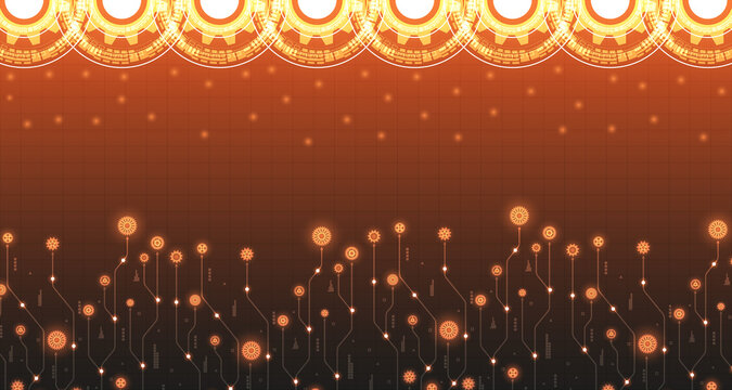 Engineered gear pattern with glowing halo, tech-style orange background. EP.14