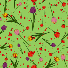Colorful tulips vector seamless pattern design on green background