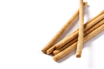 Breadstick grissini snack isolated on white background. Copy space