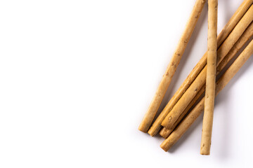 Breadstick grissini snack isolated on white background. Copy space