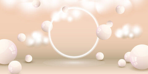 Vector illustration for cosmetics skintone background with falling ball and glowing white round frame.