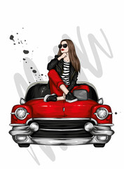 Beautiful girl in stylish clothes and a retro car. Fashion & Style.  - 453762480