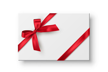 Rectangle gift box, present realistic vector illustration. Birthday, christmas holiday, wedding anniversary celebration accessory top view. 3D container with red ribbon bow isolated on white.
