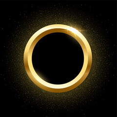 Gold round frame with golden glitter for picture on black background. Blank space for picture, painting, card or photo. 3d realistic modern circle template vector illustration. Simple object mockup