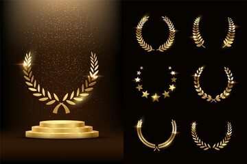 Golden podium with laurels and stars glowing. Gold stage with glitter and light smoke on dark background set. Hollywood fame in film and cinema or championship in sport vector illustration - obrazy, fototapety, plakaty