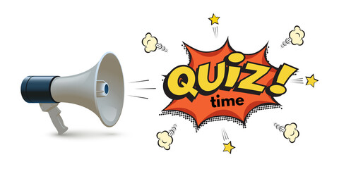 Megaphone with quiz time speech alert bubble, business banner, contest game competition - obrazy, fototapety, plakaty