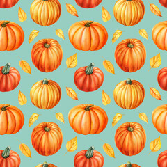 Seamless pattern of pumpkins and leaves, autumn background, watercolor drawings