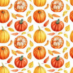Seamless pattern of pumpkins and leaves, autumn background, watercolor drawings