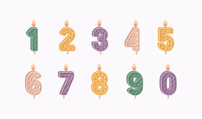 Numbered birthday candles set for 1, 2, 3, 4, 5, 6, 7, 8, 9 ages and year anniversaries celebration. Decorative wax candlelights with flames. Flat vector illustration isolated on white background