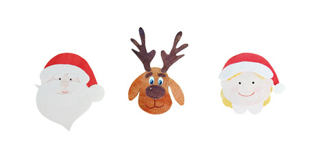 Set of Christmas characters Santa Claus, Mrs Santa Claus and reindeer in collage and applique technique. The heads are cut by hand from hand-painted watercolor paper. For Christmas decorations.