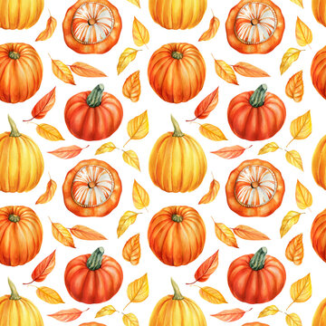 Seamless pattern of pumpkins and leaves, autumn background, watercolor drawings