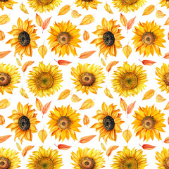 Seamless pattern of sunflowers, autumn background. Watercolor illustration 