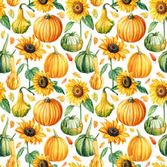 Seamless pattern of pumpkins and sunflowers, autumn background, watercolor drawings