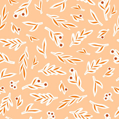 Autumn plants and leaves seamless pattern hand drawn style. Vector stock illustration