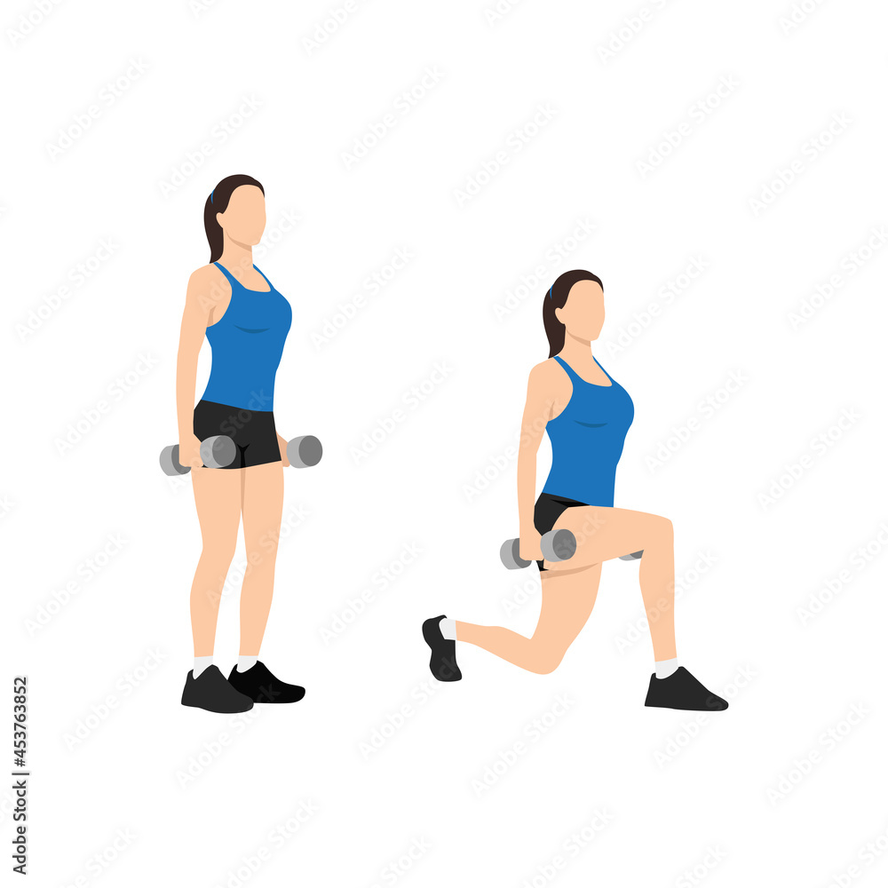 Wall mural woman doing dumbbell lunges. vector set of workout icons in flat style isolated on white background.