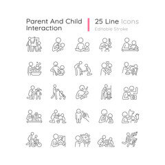 Parent and child interaction linear icons set. Building emotional closeness. Bonding activity. Customizable thin line contour symbols. Isolated vector outline illustrations. Editable stroke