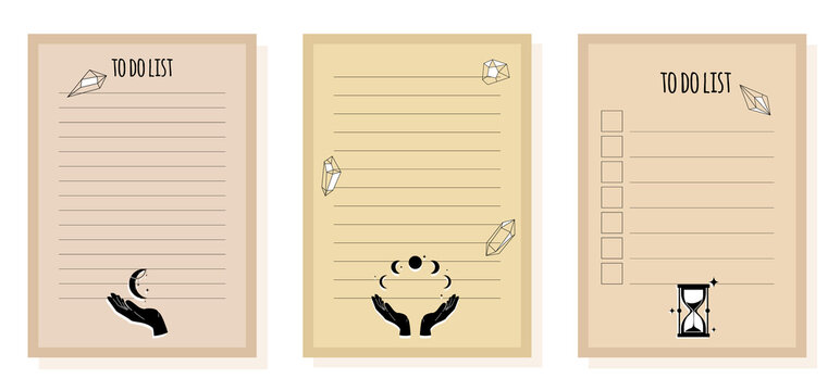To do list and cheeck list for planner and notebook, task list with magic items for astrology. Vector stock illustration