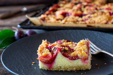 Plum crumble cake on a plate