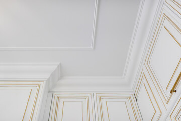 Detail of corner ceiling and walls with intricate crown moulding. Interior construction and renovation concept.