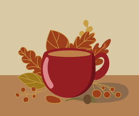 autumn illustration. Dark background, orange coffee cup with whipped cream, cinnamon stick, leaf wreath. For poster, print, menu design, greeting card.