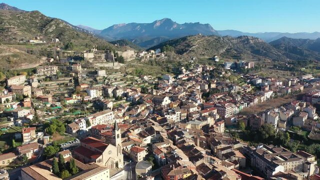 Top view of the city of Berga on the slopes of the Pyrenees mountains. Catalonia. Spain