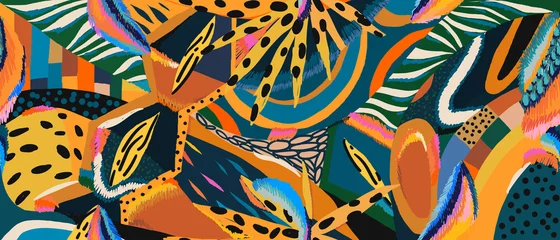 Fototapete Farbenfroh Abstrakter dekorativer handgezeichneter exotischer Druck. Moderne Collage mit unterschiedlichen Texturen. Kreative Vorlage für Design. Afrikanischer Stil.