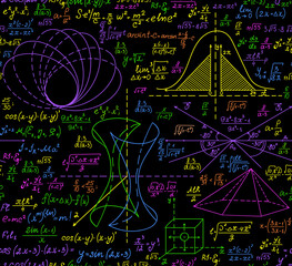 Math scientific vector seamless pattern with multicolored geometry figures, calculations and formulas