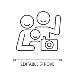 Family photo linear icon. Parent and children togetherness. Raising self-esteem. Family portrait. Thin line customizable illustration. Contour symbol. Vector isolated outline drawing. Editable stroke