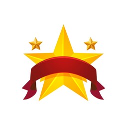 isolated golden star with red ribbon, vector banner 