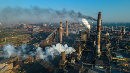 metallurgical plant heavy industry poor ecology top view smoke from chimneys smog
