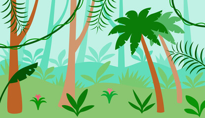 Fototapeta na wymiar Vector jungle background, illustration of rainforest landscape, tropical forest with palm trees and leaves of exotic plants