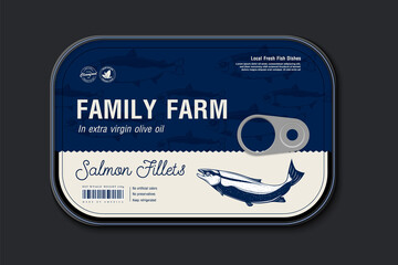 Canned king salmon label template, vector fish tin can with label cover, packaging design concept