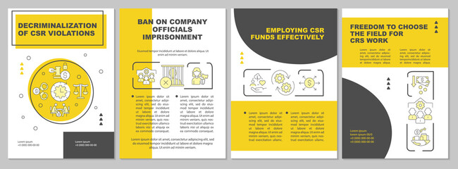 Decriminalization of CSR violations yellow brochure template. Flyer, booklet, leaflet print, cover design with linear icons. Vector layouts for presentation, annual reports, advertisement pages