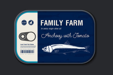 Canned anchovy label template, vector fish tin can with label cover, packaging design concept