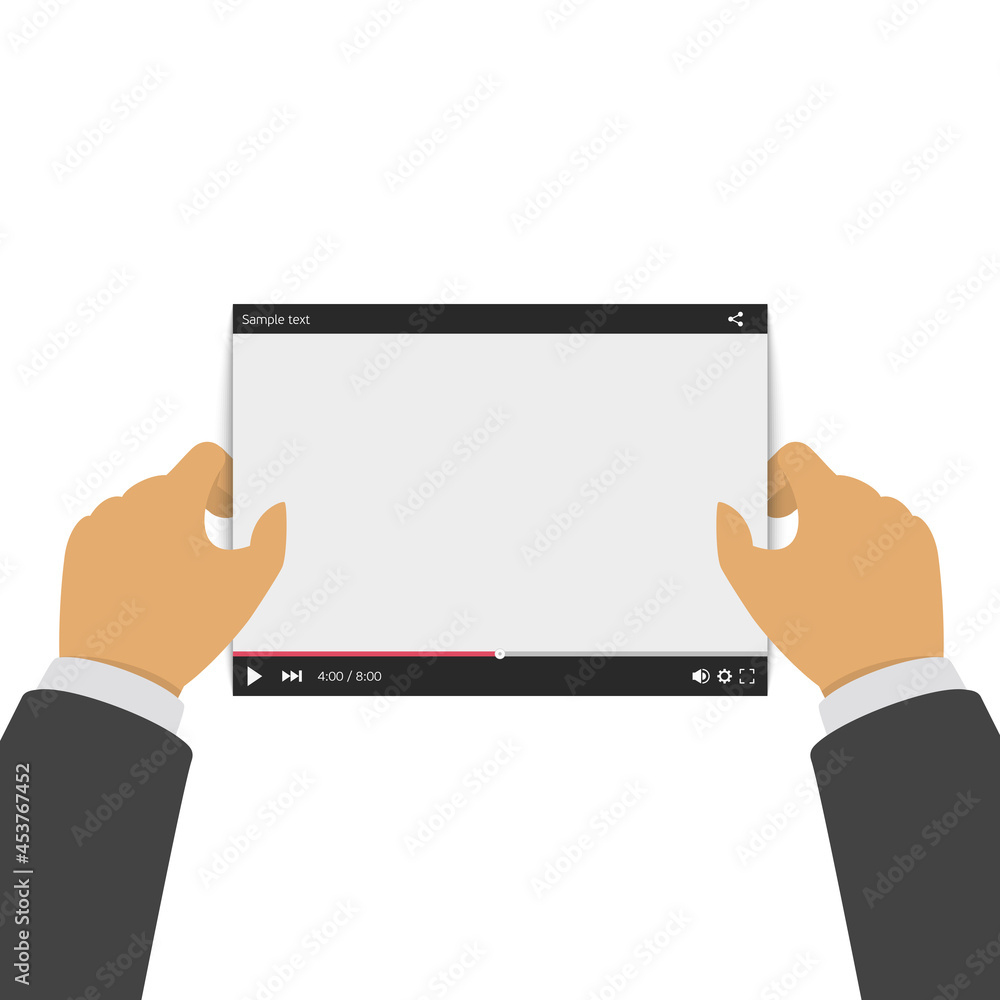 Poster video player for web and mobile apps in hands. media player interface concept. mock-up for ui templa