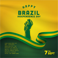Square Banner illustration of Brazil independence day celebration. Waving flag and hands clenched. Vector illustration. - obrazy, fototapety, plakaty