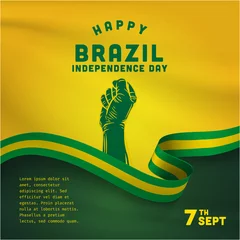 Fotobehang Square Banner illustration of Brazil independence day celebration. Waving flag and hands clenched. Vector illustration. © armankra19