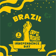 Square Banner illustration of Brazil independence day celebration. Waving flag and hands clenched. Vector illustration.