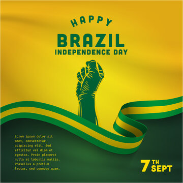 Square Banner illustration of Brazil independence day celebration. Waving flag and hands clenched. Vector illustration.
