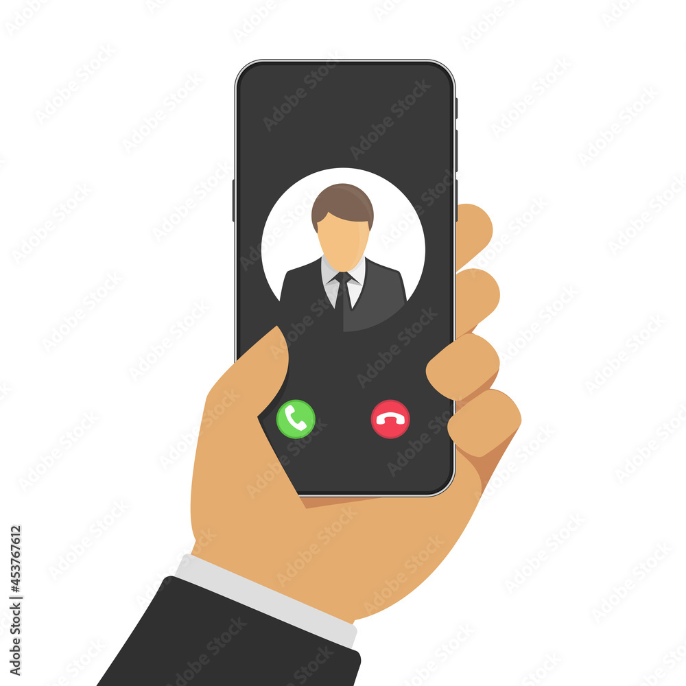 Poster incoming call on smartphone screen. businessman hand holding smartphone with incoming call on displa
