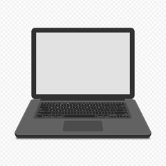 Laptop with blank screen dark color isolated on transparent background. Realistic laptop. White Computer notebook mockup isolated. Front view. Vector illustration EPS 10.