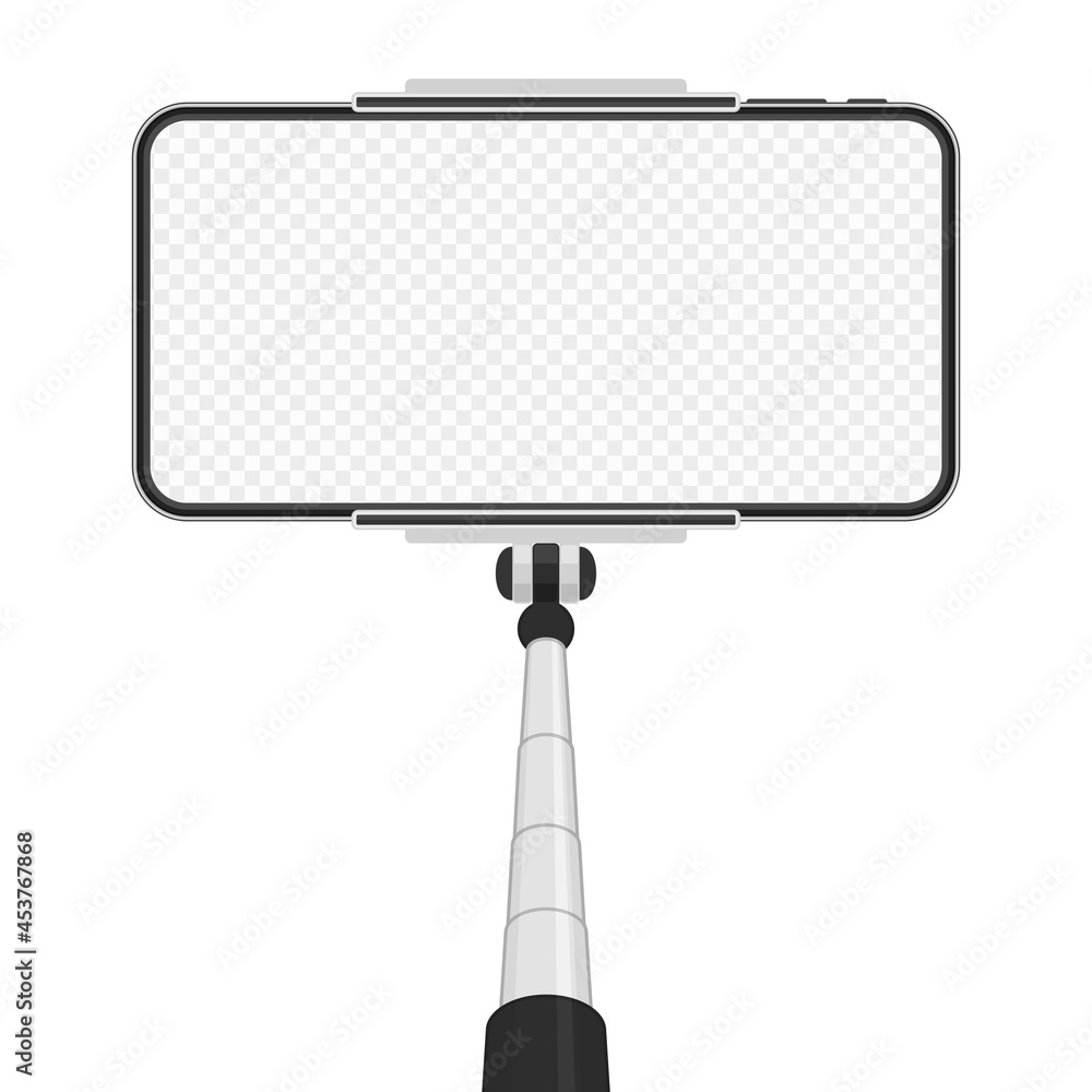 Poster smartphone with empty screen on monopod isolated on transparent background. selfie photographic on m
