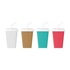 Paper cup icon in flat style. Multicolor cups with straws for soda, juice, cold beverage or coffee. Paper glass collection isolated on white background. Drink icon. Fast food. Vector EPS 10.