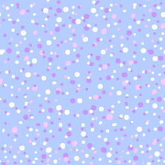 eamless pattern of colored dots. White, purple and pink dots on a light blue background. Simple abstract background. Colorful pattern in winter colors. Vector illustration.
