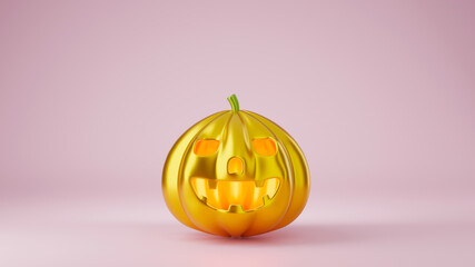 Golden pumpkin of happy Halloween day concept isolated on pink background, Minimal design, Trendy fashion creative style, 3D rendering illustration