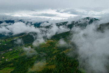 Naklejka premium Rainy weather in mountains. Misty fog blowing over pine tree forest. Aerial footage of spruce forest trees on the mountain hills at misty day. Morning fog at beautiful summer forest.
