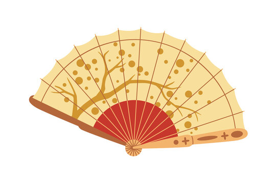 Open folding hand fan with Japanese ornament. Asian bending paper item for air cooling. Traditional oriental handheld object in Japan. Flat vector illustration isolated on white background
