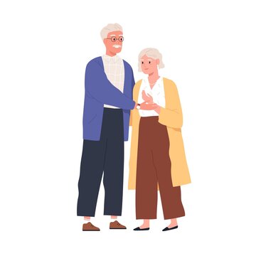 Happy Senior Love Couple Of Old Man And Woman. Elderly People Standing Together. Portrait Of Grandfather And Grandmother. Flat Vector Illustration Of Grandparents Isolated On White Background