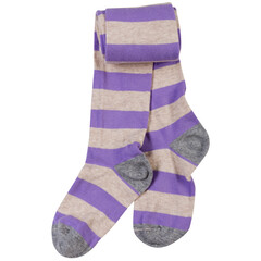 baby tights, beige with a lilac stripe, half rolled up, on a white background