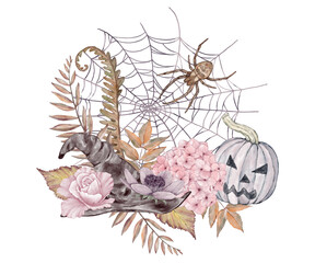 Halloween composition with spider net, pumpkin and leaves